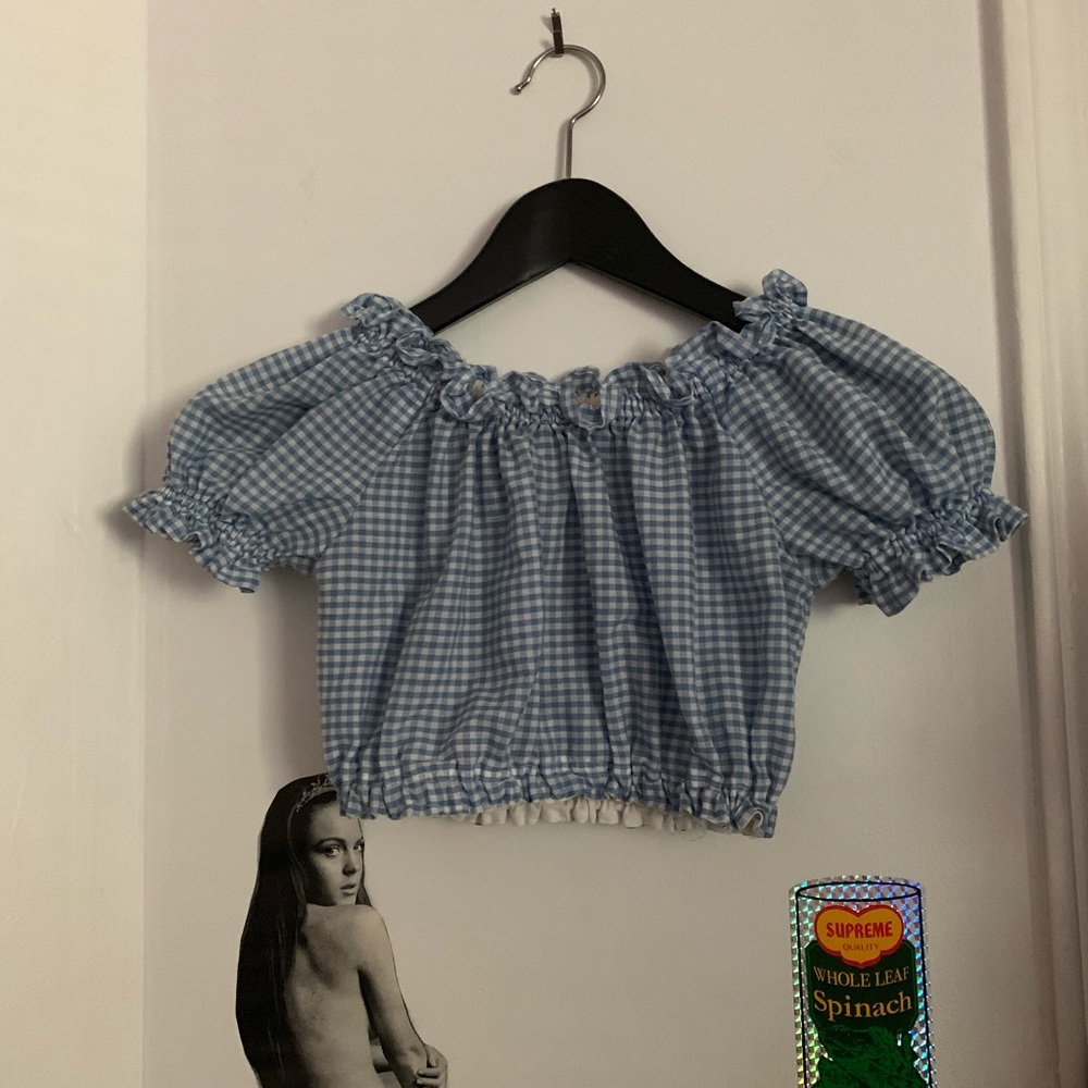 Vintage blue gingham off shoulder crop top